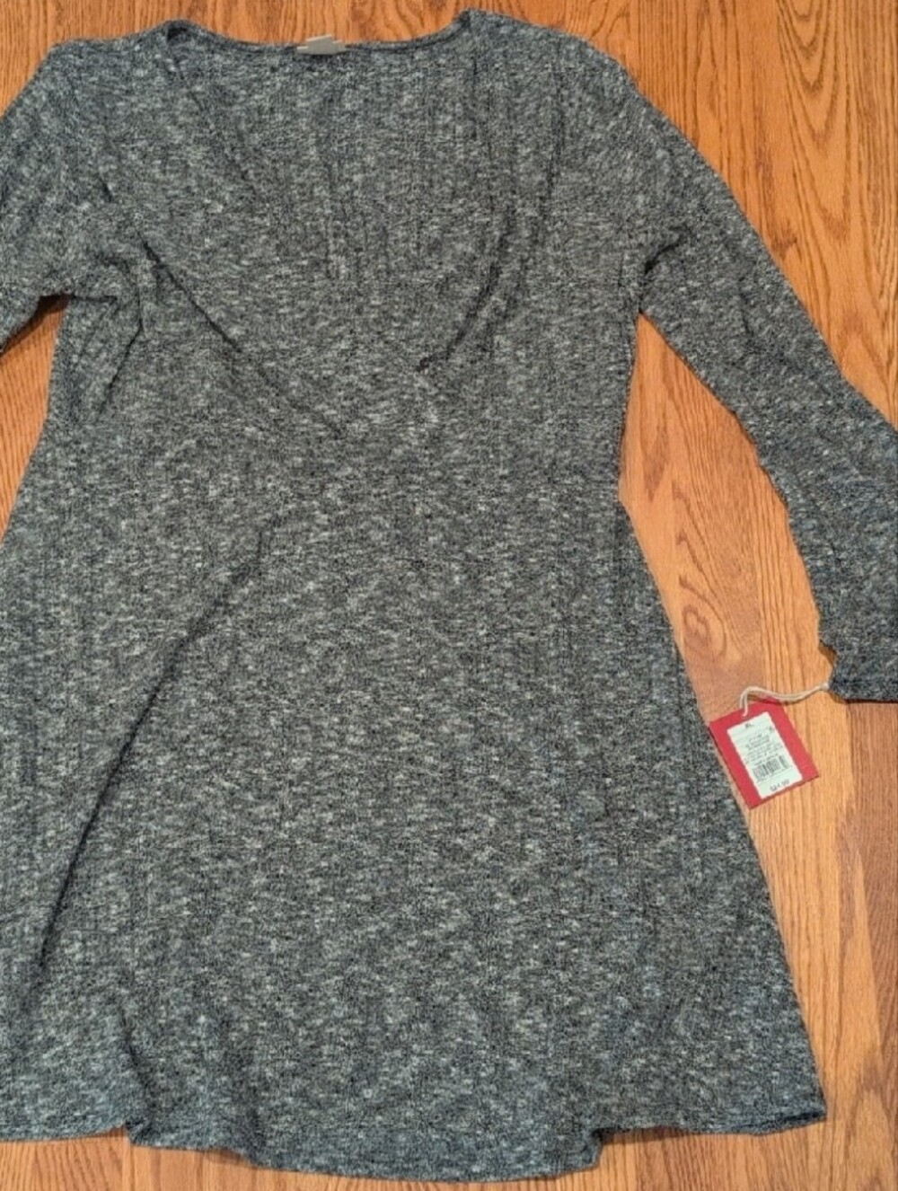Womens Gray Knit Sweater Dress, Crossover Neckline To Waist, Long Peplum Sleeves